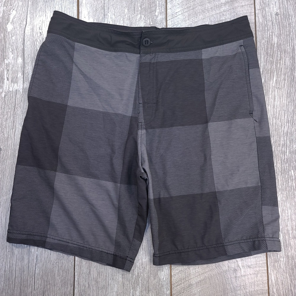 Prana Saxton Shorts Men 34 Grey Black Checkered Stretch Swim Trunks